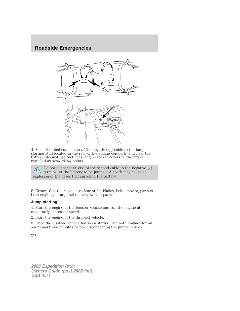 Jump starting, Roadside emergencies | FORD 2006 Expedition v.2 User Manual | Page 296 / 368
