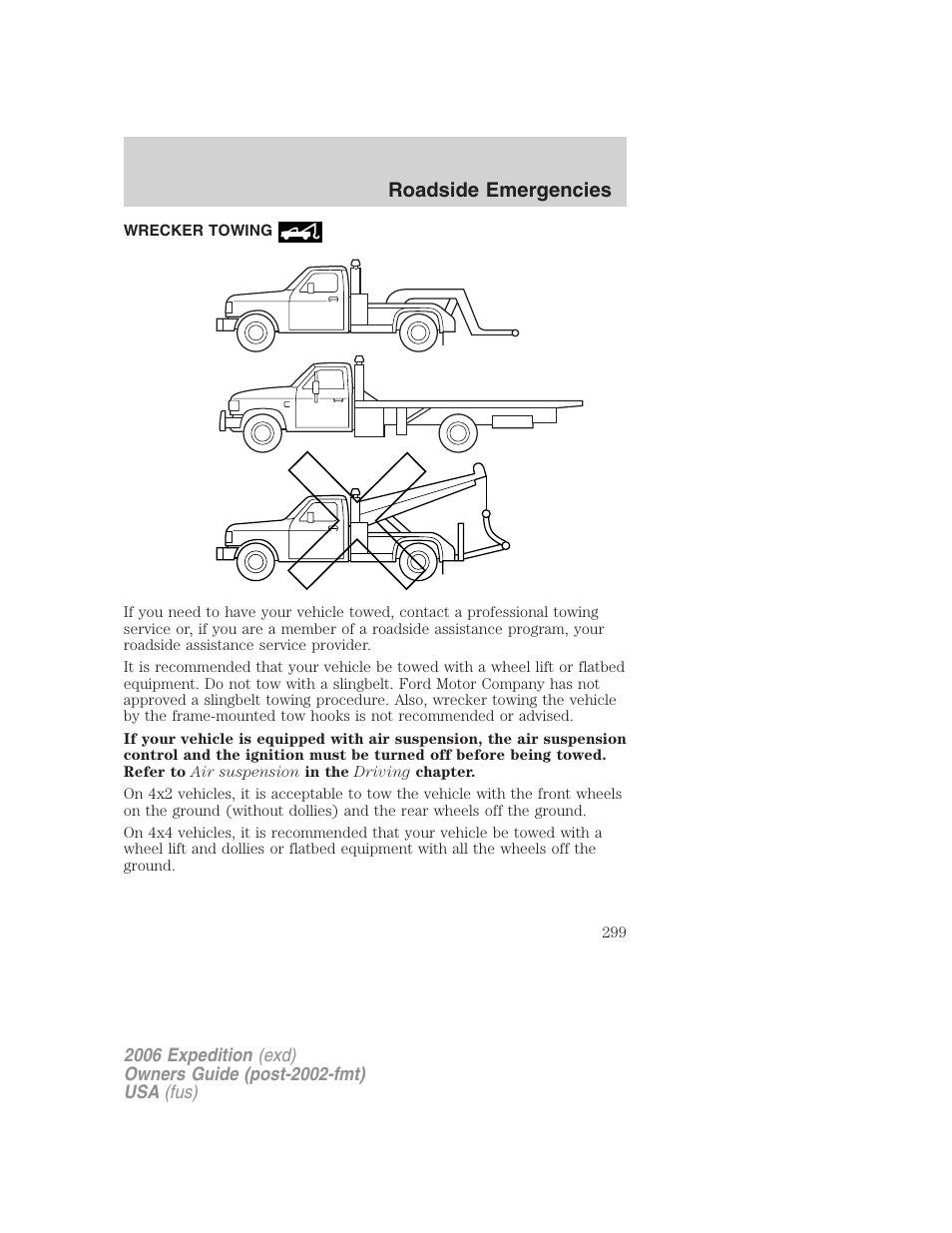 Wrecker towing, Roadside emergencies | FORD 2006 Expedition v.2 User Manual | Page 299 / 368