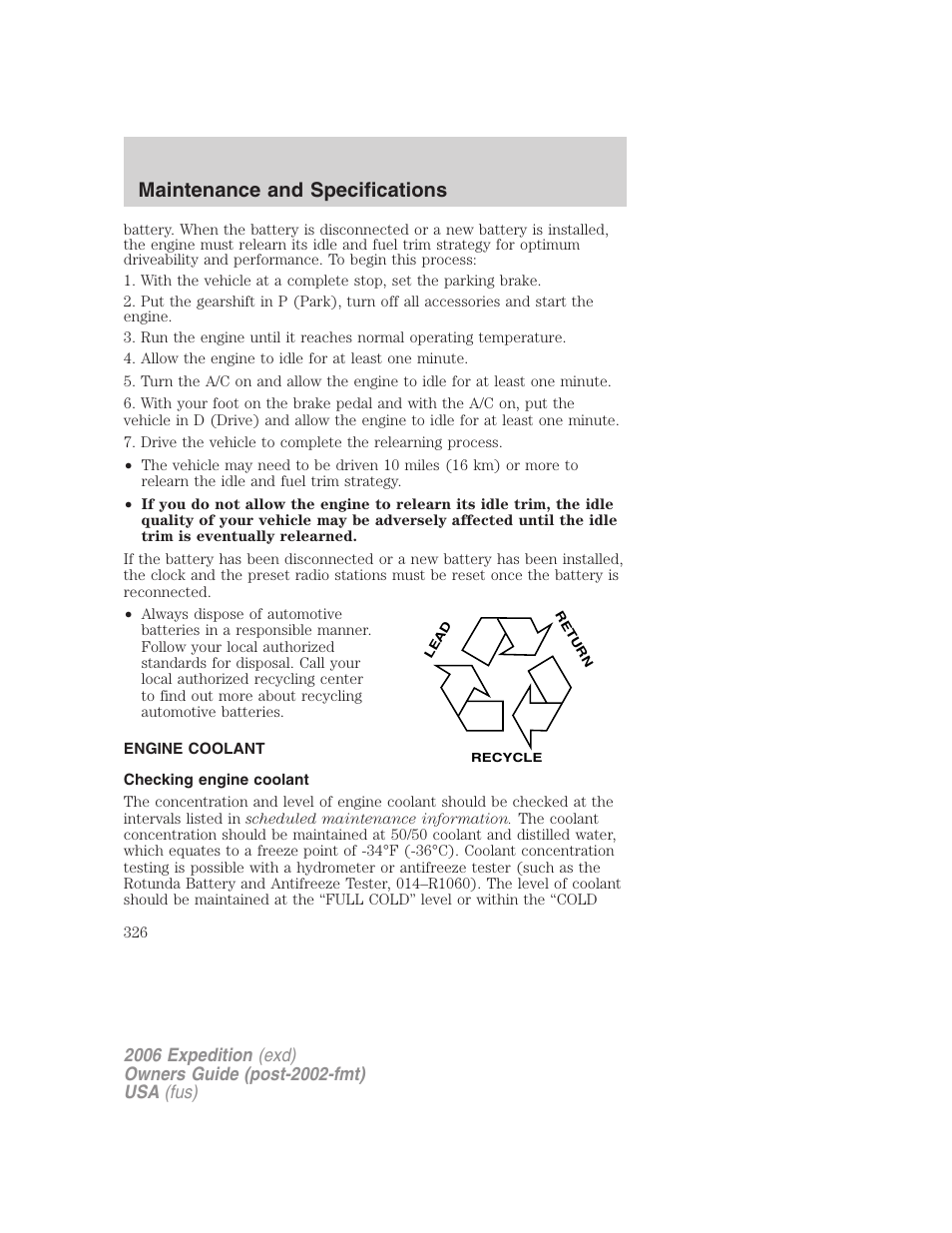 Engine coolant, Checking engine coolant, Maintenance and specifications | FORD 2006 Expedition v.2 User Manual | Page 326 / 368