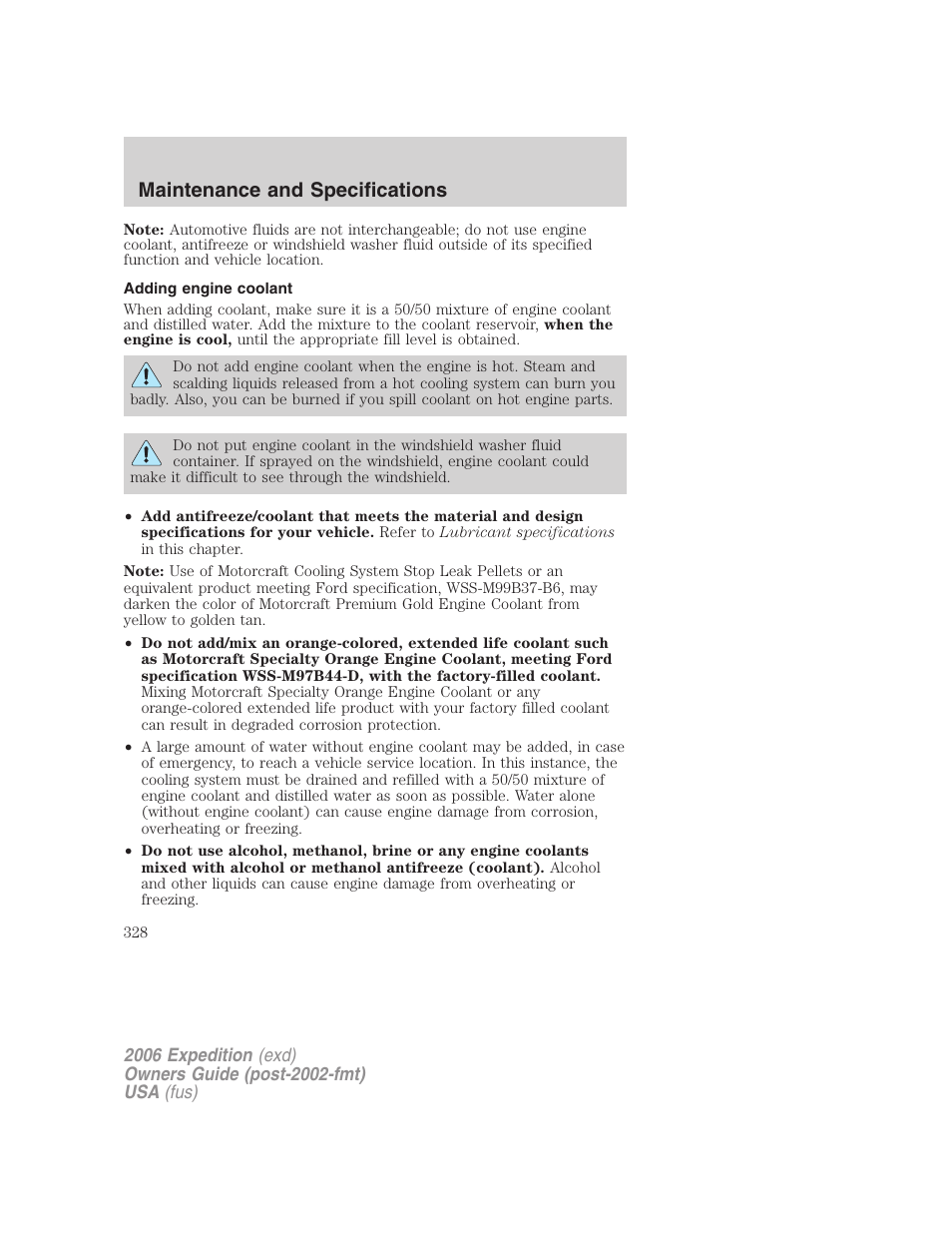 Adding engine coolant, Maintenance and specifications | FORD 2006 Expedition v.2 User Manual | Page 328 / 368