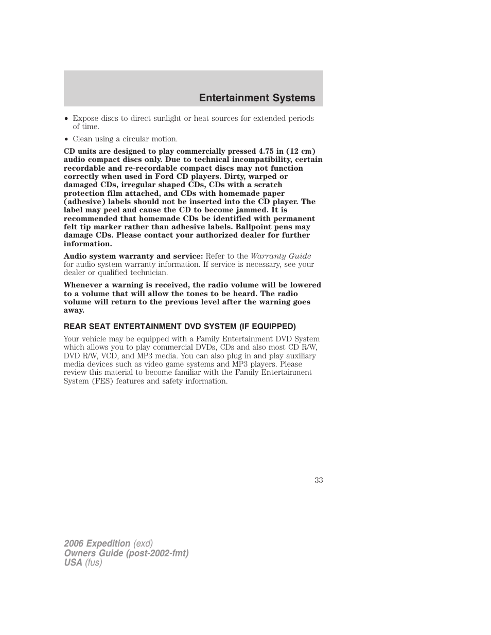 Rear seat entertainment dvd system (if equipped), Rear seat entertainment system, Entertainment systems | FORD 2006 Expedition v.2 User Manual | Page 33 / 368