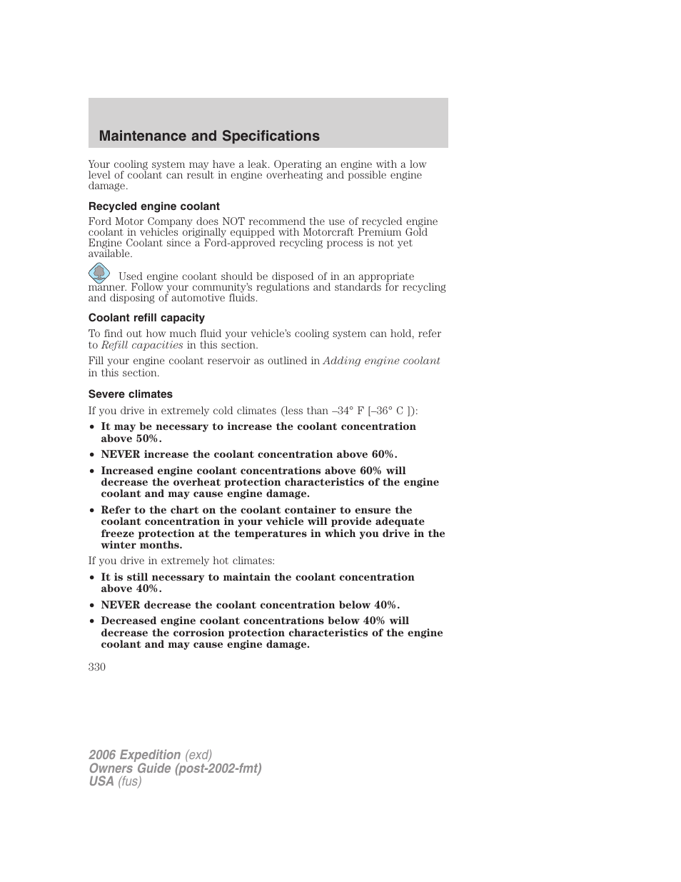 Recycled engine coolant, Coolant refill capacity, Severe climates | Maintenance and specifications | FORD 2006 Expedition v.2 User Manual | Page 330 / 368