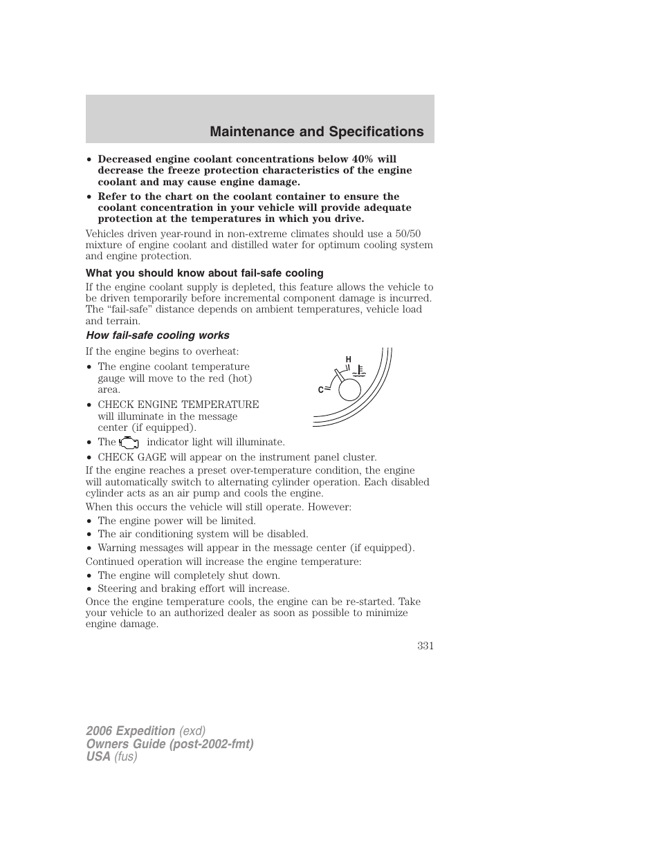 What you should know about fail-safe cooling, How fail-safe cooling works, Maintenance and specifications | FORD 2006 Expedition v.2 User Manual | Page 331 / 368