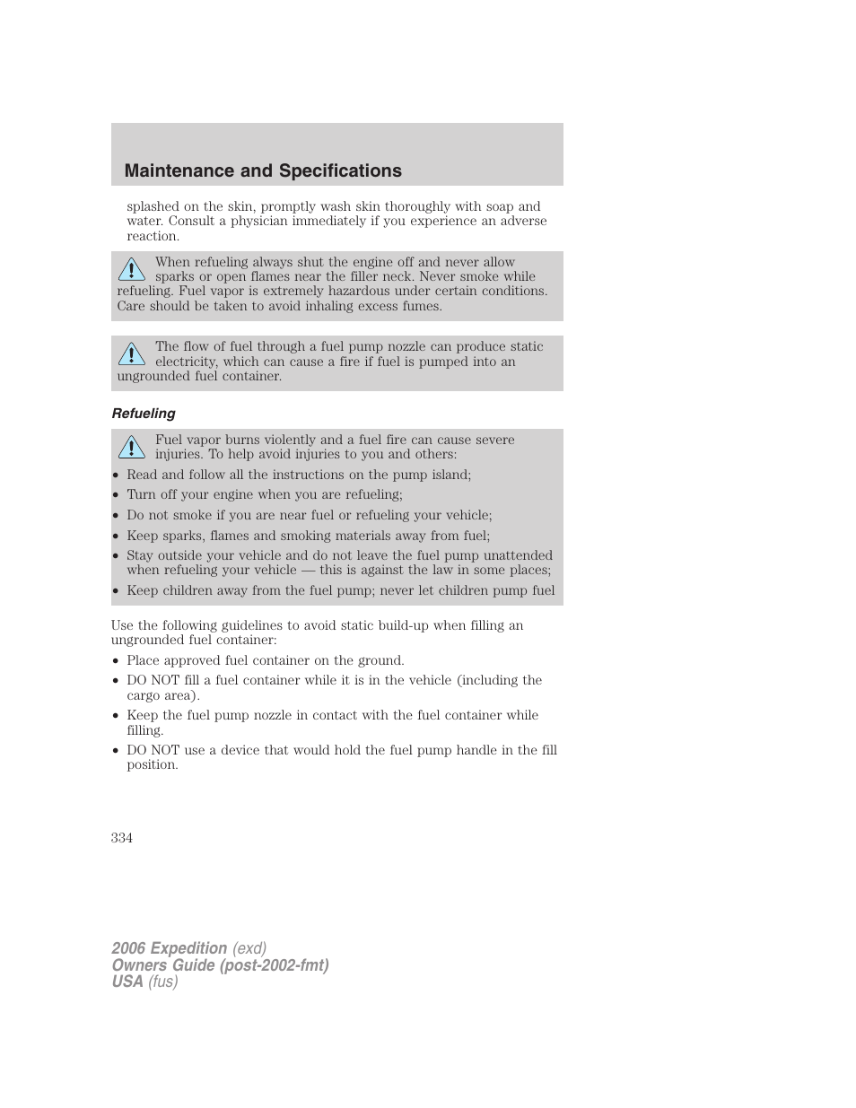 Refueling, Maintenance and specifications | FORD 2006 Expedition v.2 User Manual | Page 334 / 368