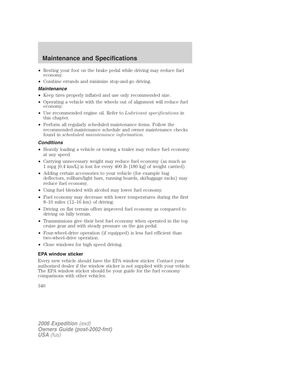 Maintenance, Conditions, Epa window sticker | Maintenance and specifications | FORD 2006 Expedition v.2 User Manual | Page 340 / 368