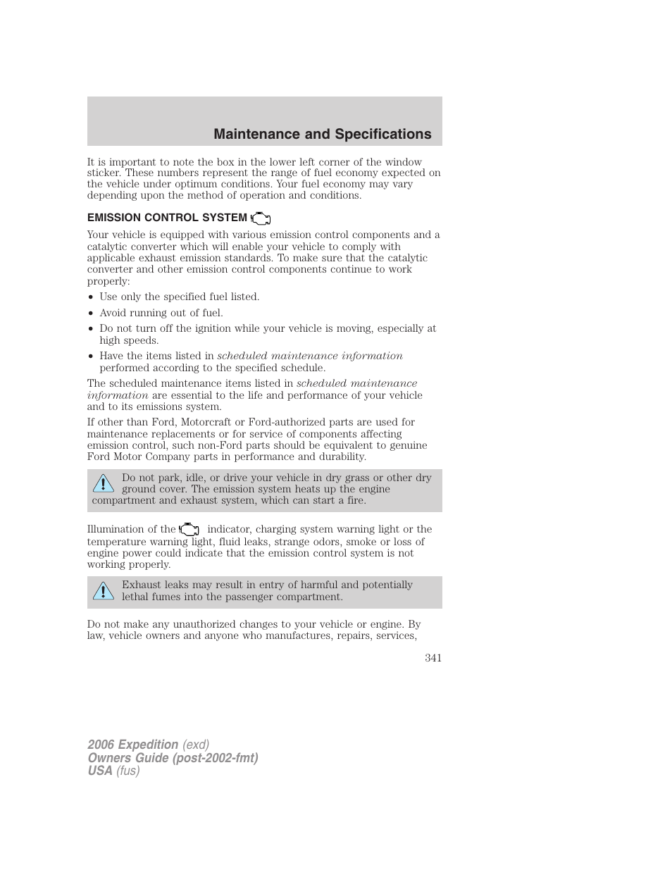 Emission control system, Maintenance and specifications | FORD 2006 Expedition v.2 User Manual | Page 341 / 368