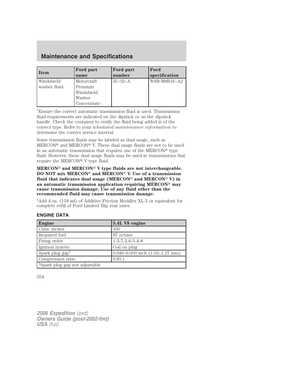 Engine data, Maintenance and specifications | FORD 2006 Expedition v.2 User Manual | Page 354 / 368