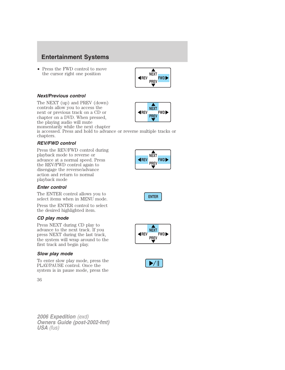 Next/previous control, Rev/fwd control, Enter control | Cd play mode, Slow play mode, Entertainment systems | FORD 2006 Expedition v.2 User Manual | Page 36 / 368