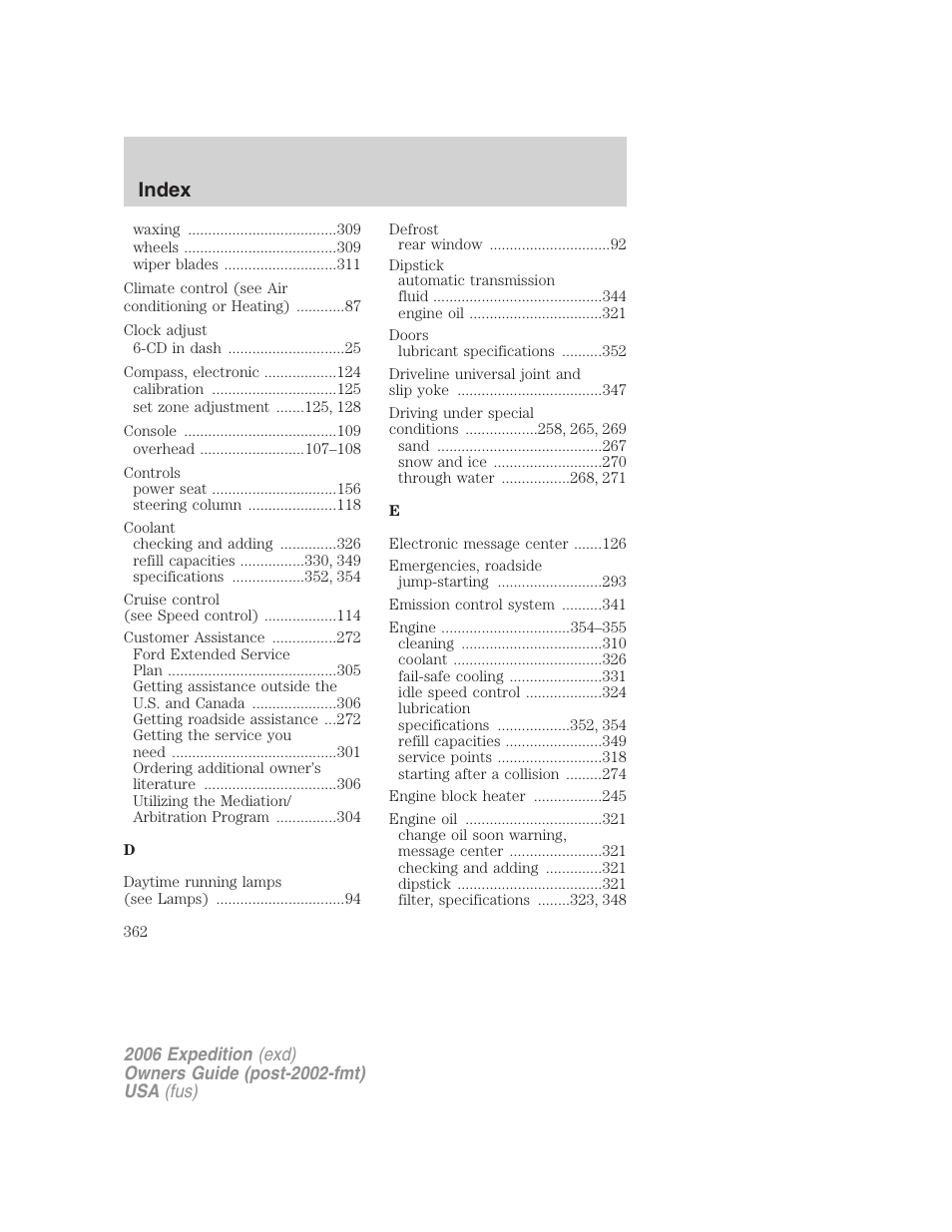 Index | FORD 2006 Expedition v.2 User Manual | Page 362 / 368