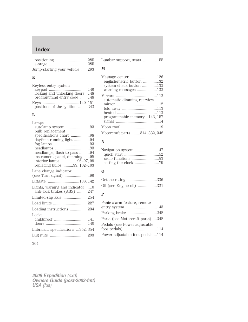 Index | FORD 2006 Expedition v.2 User Manual | Page 364 / 368