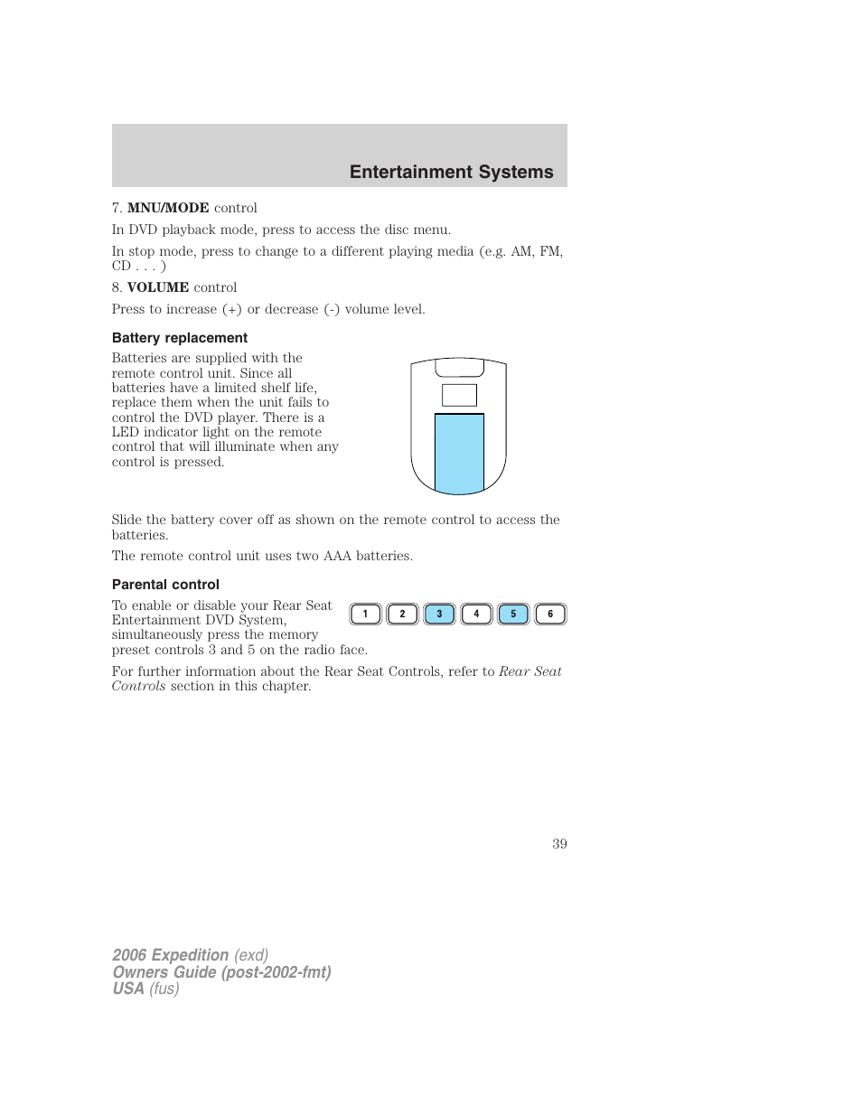 Battery replacement, Parental control, Entertainment systems | FORD 2006 Expedition v.2 User Manual | Page 39 / 368