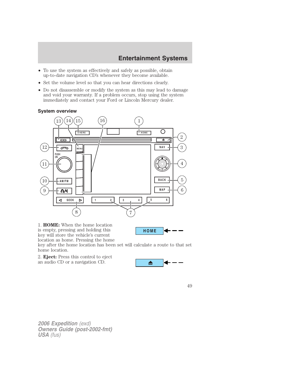 System overview, Entertainment systems | FORD 2006 Expedition v.2 User Manual | Page 49 / 368