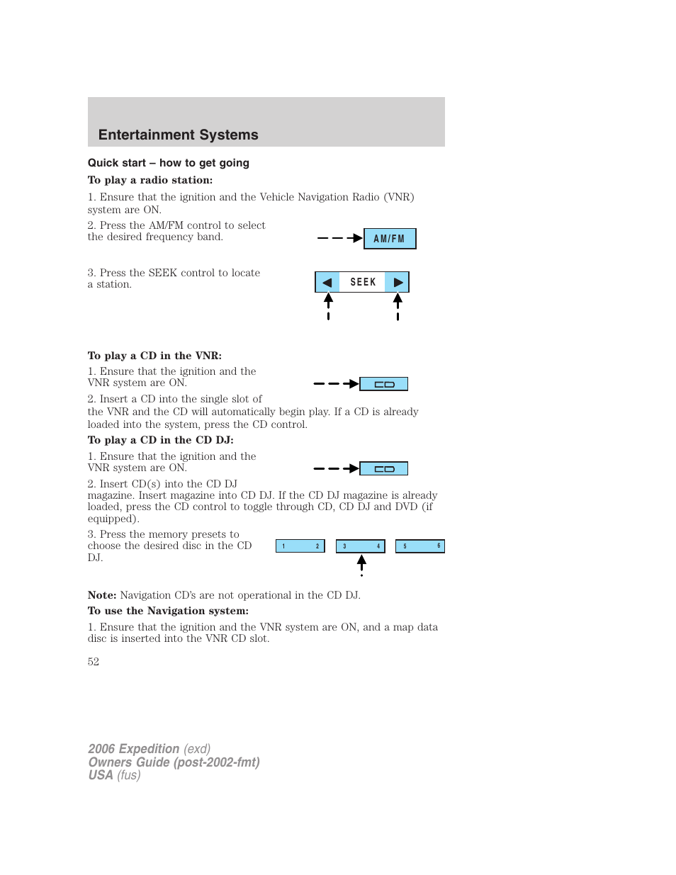 Quick start – how to get going, Entertainment systems | FORD 2006 Expedition v.2 User Manual | Page 52 / 368