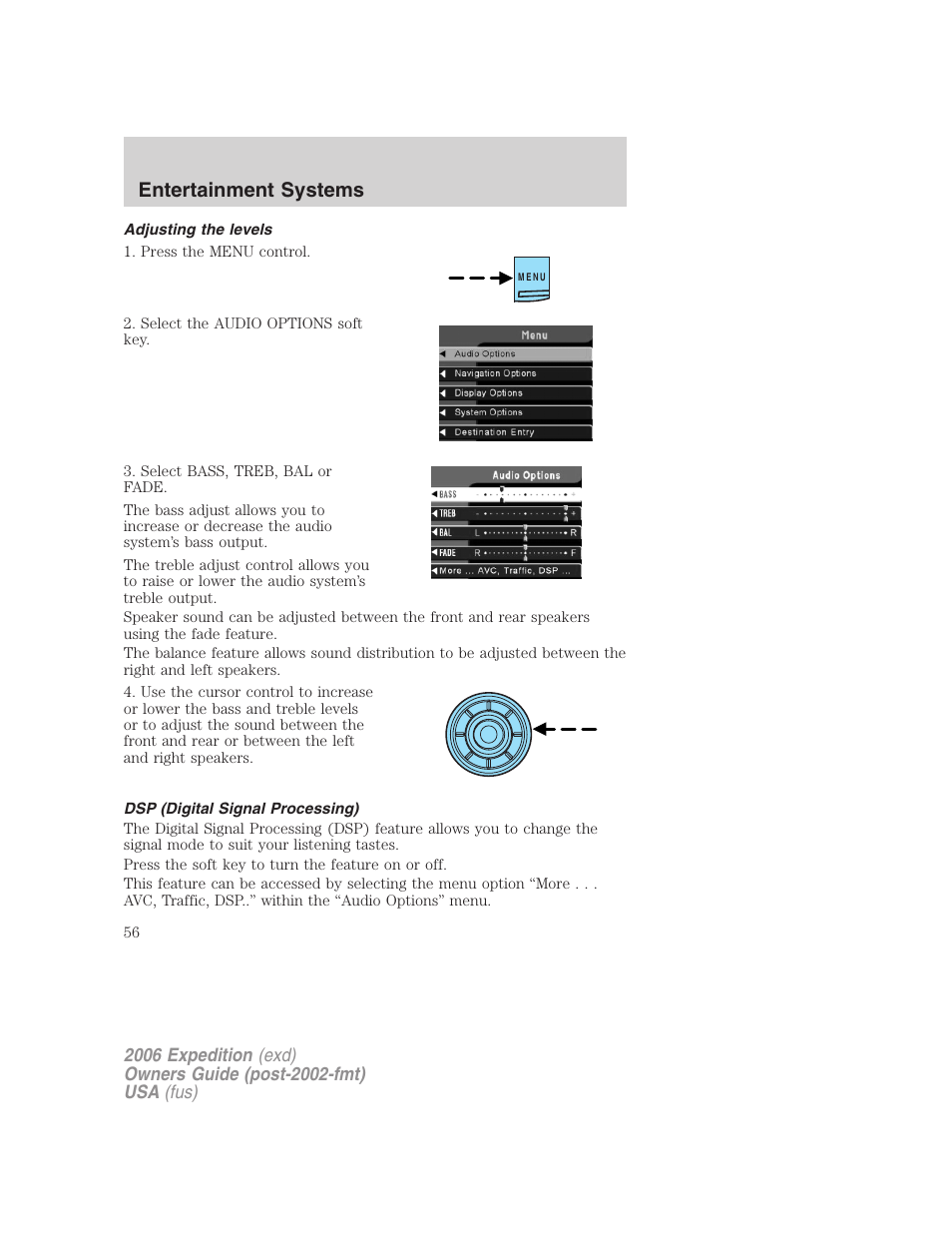 Adjusting the levels, Dsp (digital signal processing), Entertainment systems | FORD 2006 Expedition v.2 User Manual | Page 56 / 368