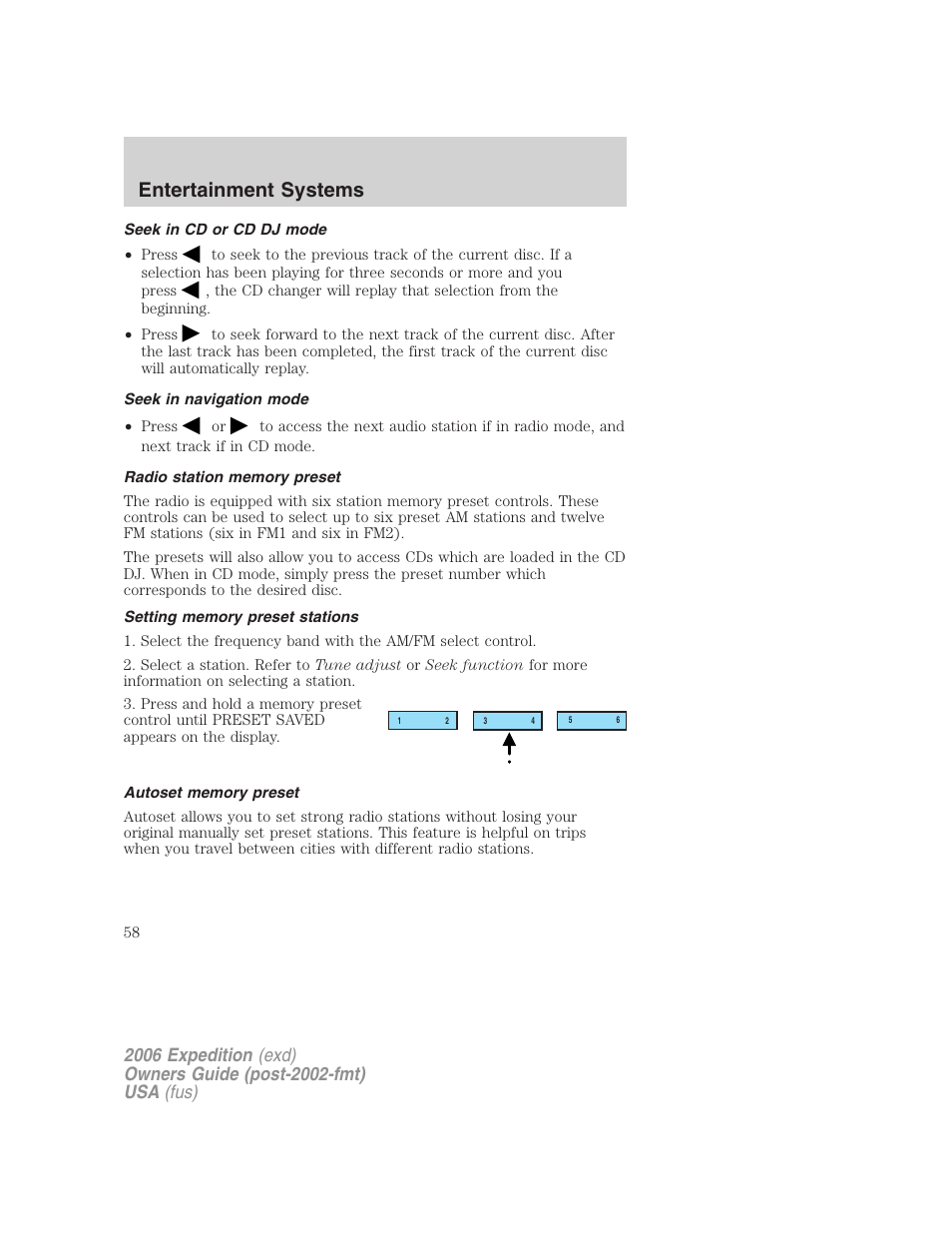 Seek in cd or cd dj mode, Seek in navigation mode, Radio station memory preset | Setting memory preset stations, Autoset memory preset, Entertainment systems | FORD 2006 Expedition v.2 User Manual | Page 58 / 368