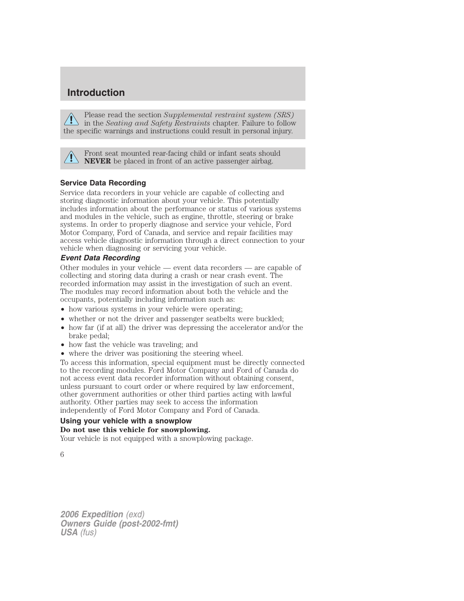 Service data recording, Event data recording, Using your vehicle with a snowplow | Introduction | FORD 2006 Expedition v.2 User Manual | Page 6 / 368