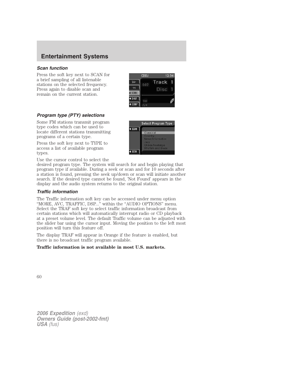 Scan function, Program type (pty) selections, Traffic information | Entertainment systems | FORD 2006 Expedition v.2 User Manual | Page 60 / 368