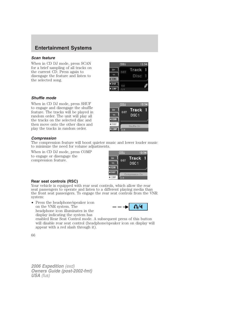 Scan feature, Shuffle mode, Compression | Rear seat controls (rsc), Entertainment systems | FORD 2006 Expedition v.2 User Manual | Page 66 / 368