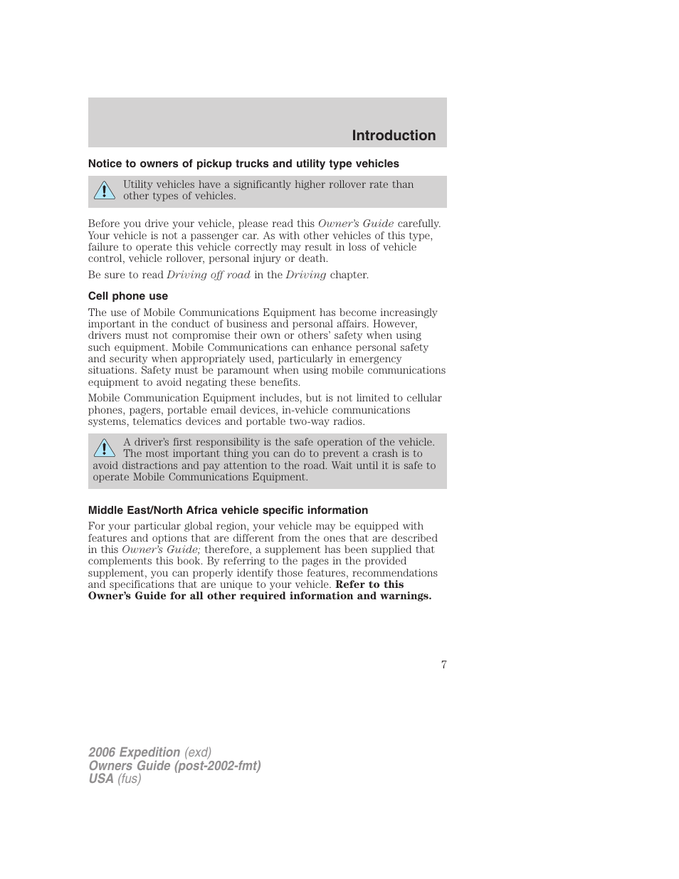 Cell phone use, Introduction | FORD 2006 Expedition v.2 User Manual | Page 7 / 368