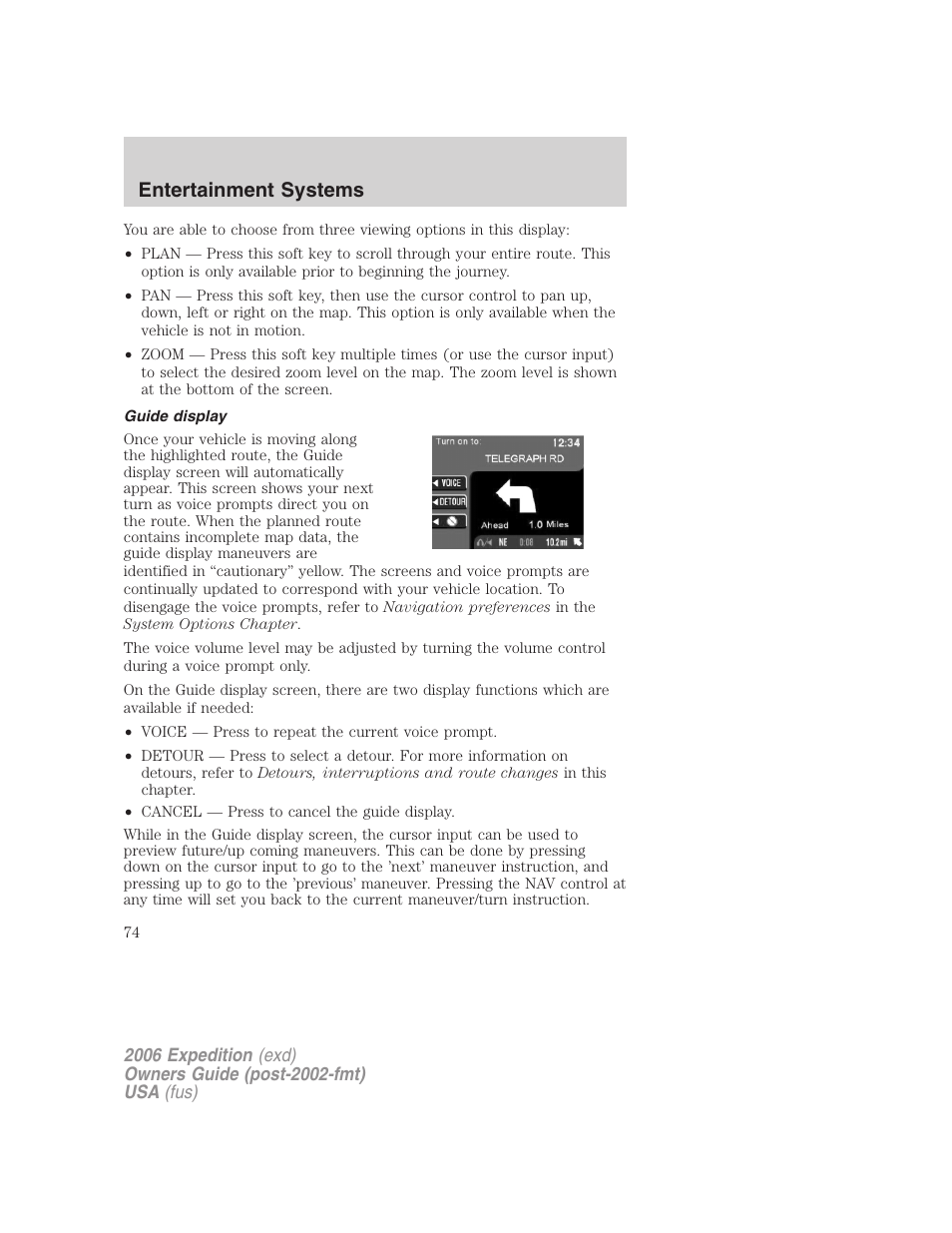 Guide display, Entertainment systems | FORD 2006 Expedition v.2 User Manual | Page 74 / 368