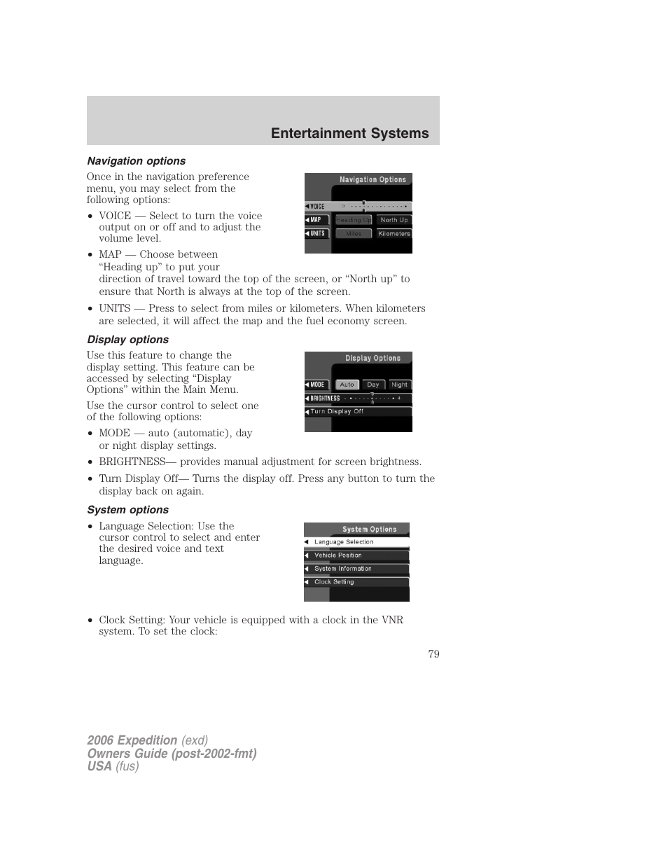 Navigation options, Display options, System options | Entertainment systems | FORD 2006 Expedition v.2 User Manual | Page 79 / 368