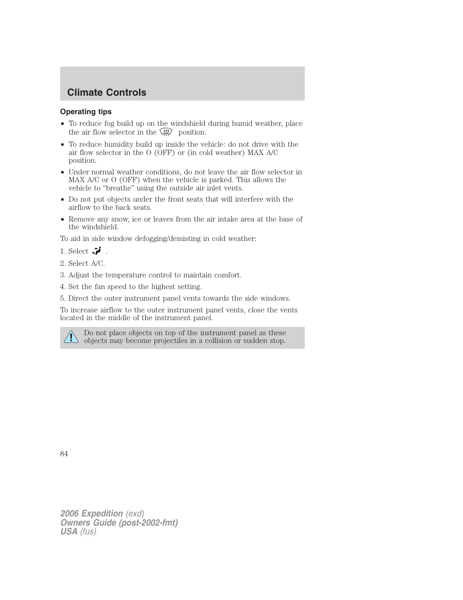 Operating tips, Climate controls | FORD 2006 Expedition v.2 User Manual | Page 84 / 368