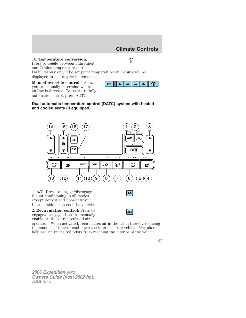 Automatic temperature control, Climate controls | FORD 2006 Expedition v.2 User Manual | Page 87 / 368