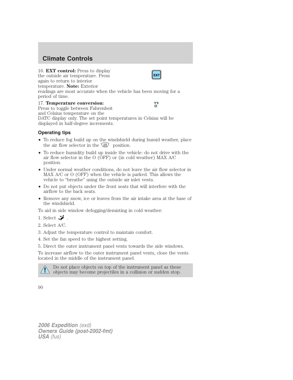 Operating tips, Climate controls | FORD 2006 Expedition v.2 User Manual | Page 90 / 368