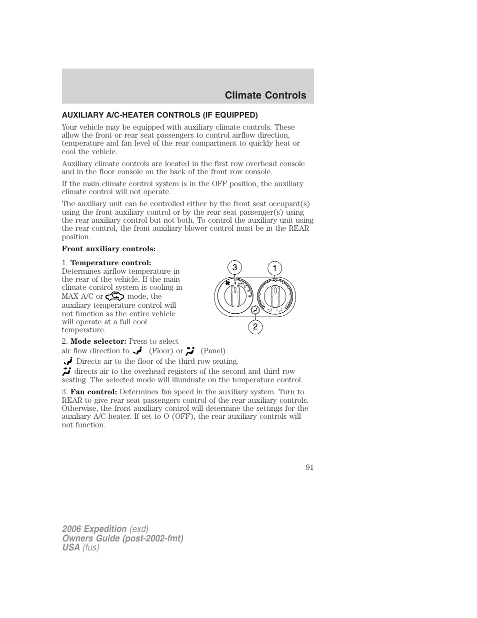 Auxiliary a/c-heater controls (if equipped), Auxiliary passenger climate control, Climate controls | FORD 2006 Expedition v.2 User Manual | Page 91 / 368