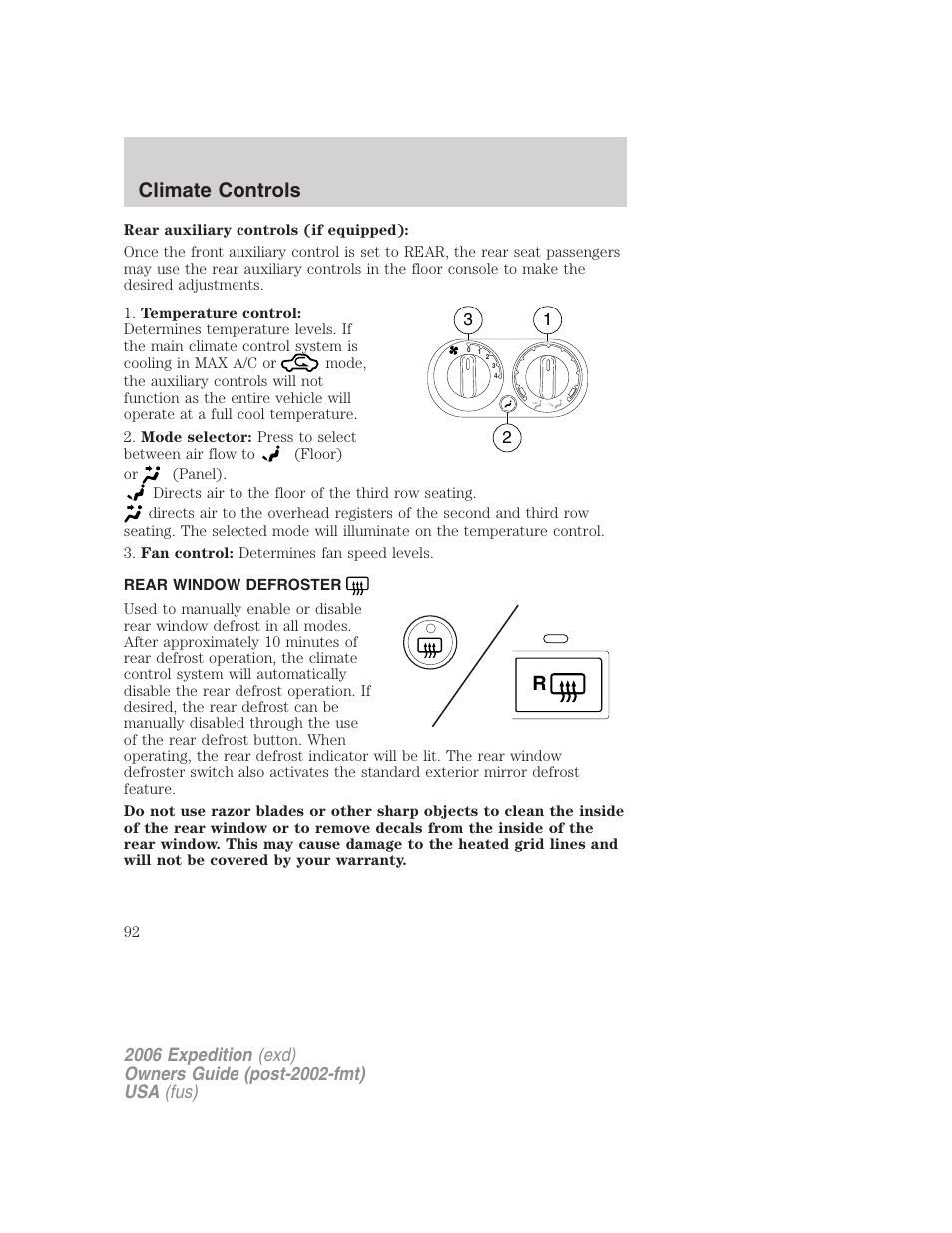 Rear window defroster, Climate controls | FORD 2006 Expedition v.2 User Manual | Page 92 / 368