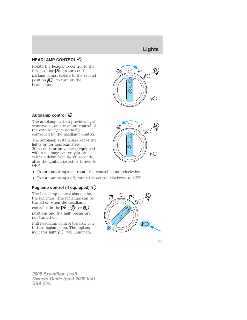 Lights, Headlamp control, Autolamp control | Foglamp control (if equipped), Headlamps | FORD 2006 Expedition v.2 User Manual | Page 93 / 368