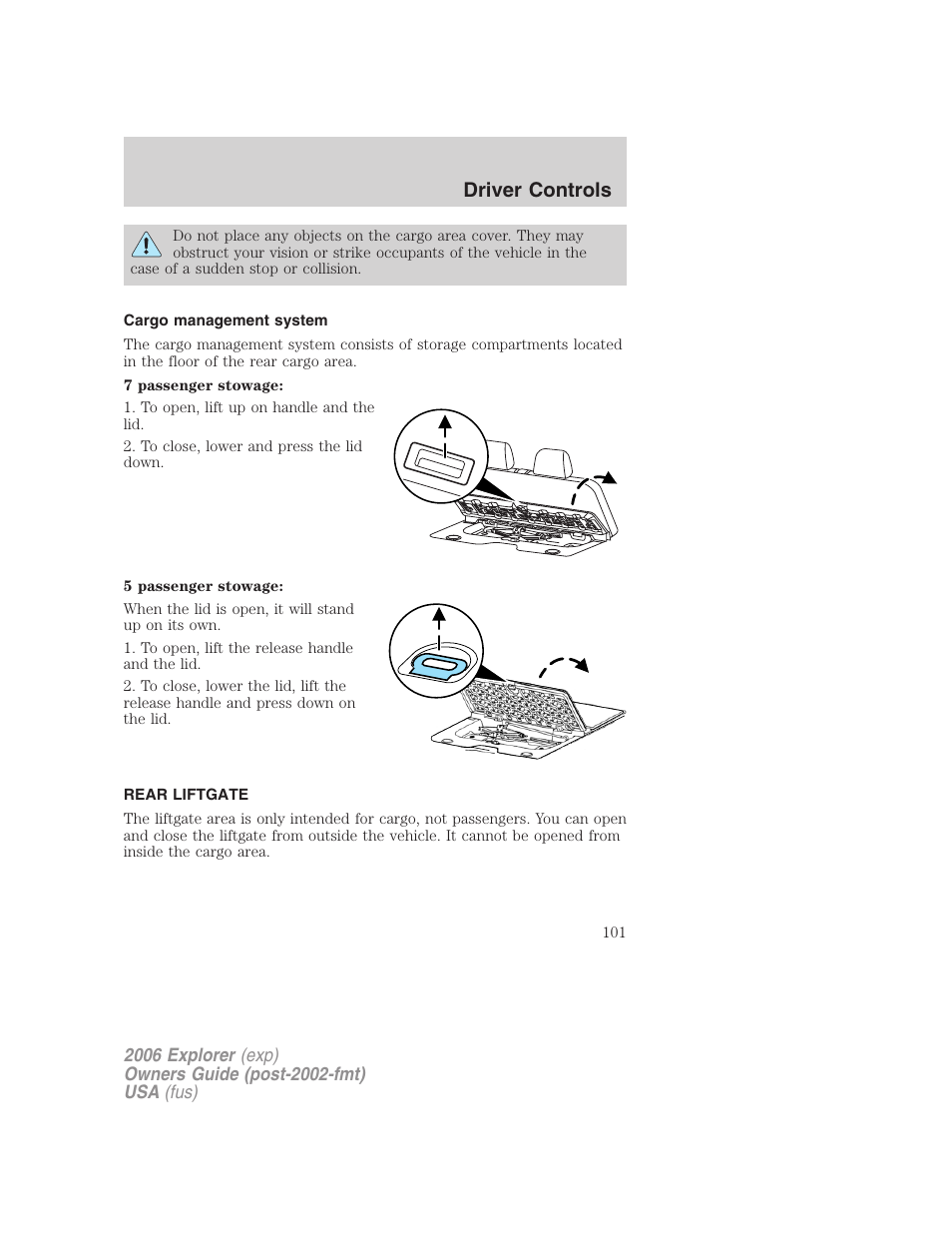 Cargo management system, Rear liftgate, Driver controls | FORD 2006 Explorer v.2 User Manual | Page 101 / 336