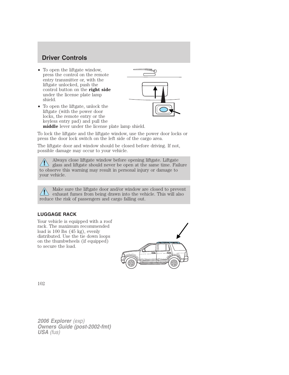 Luggage rack, Driver controls | FORD 2006 Explorer v.2 User Manual | Page 102 / 336