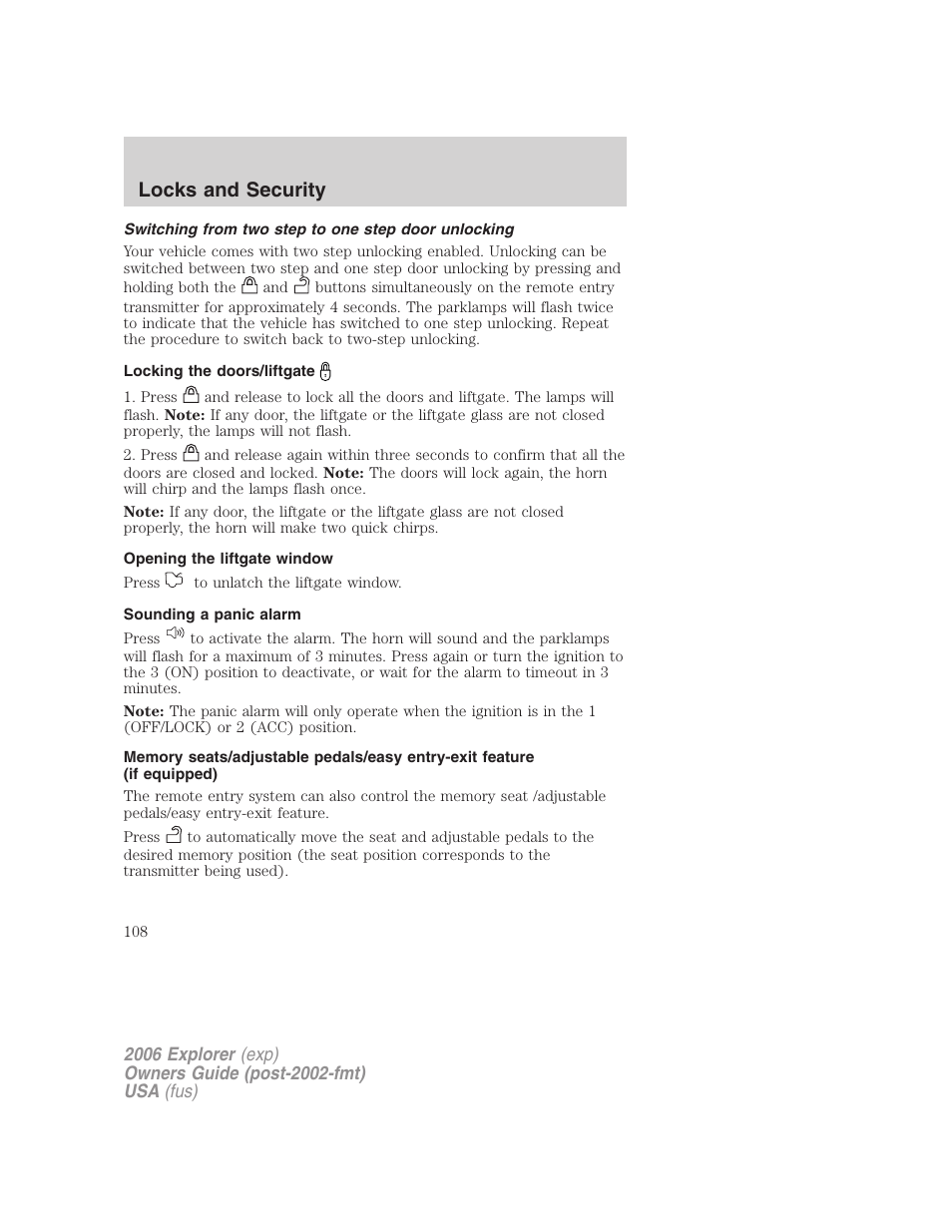 Switching from two step to one step door unlocking, Locking the doors/liftgate, Opening the liftgate window | Sounding a panic alarm, Locks and security | FORD 2006 Explorer v.2 User Manual | Page 108 / 336