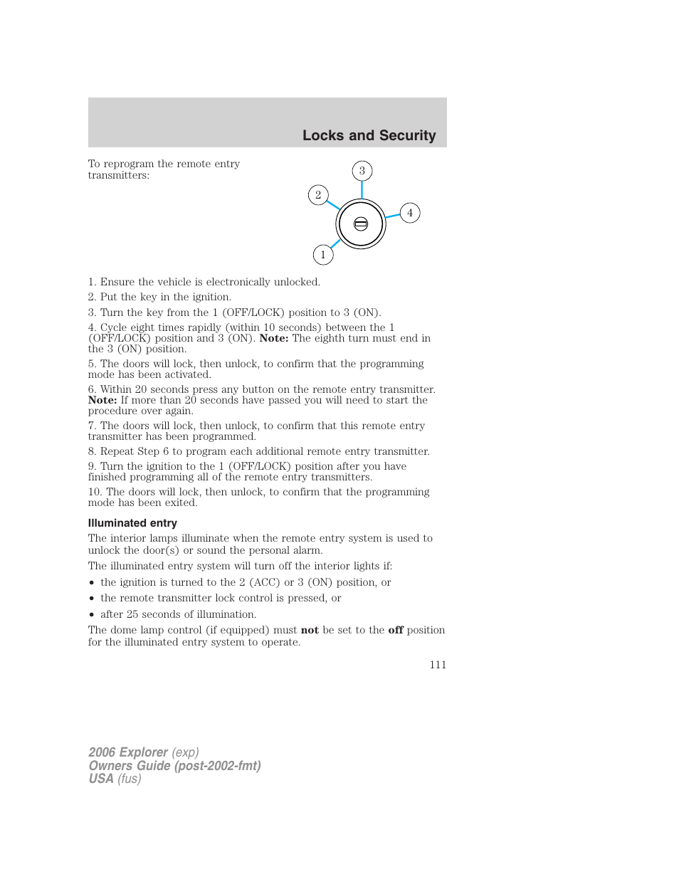 Illuminated entry, Locks and security | FORD 2006 Explorer v.2 User Manual | Page 111 / 336