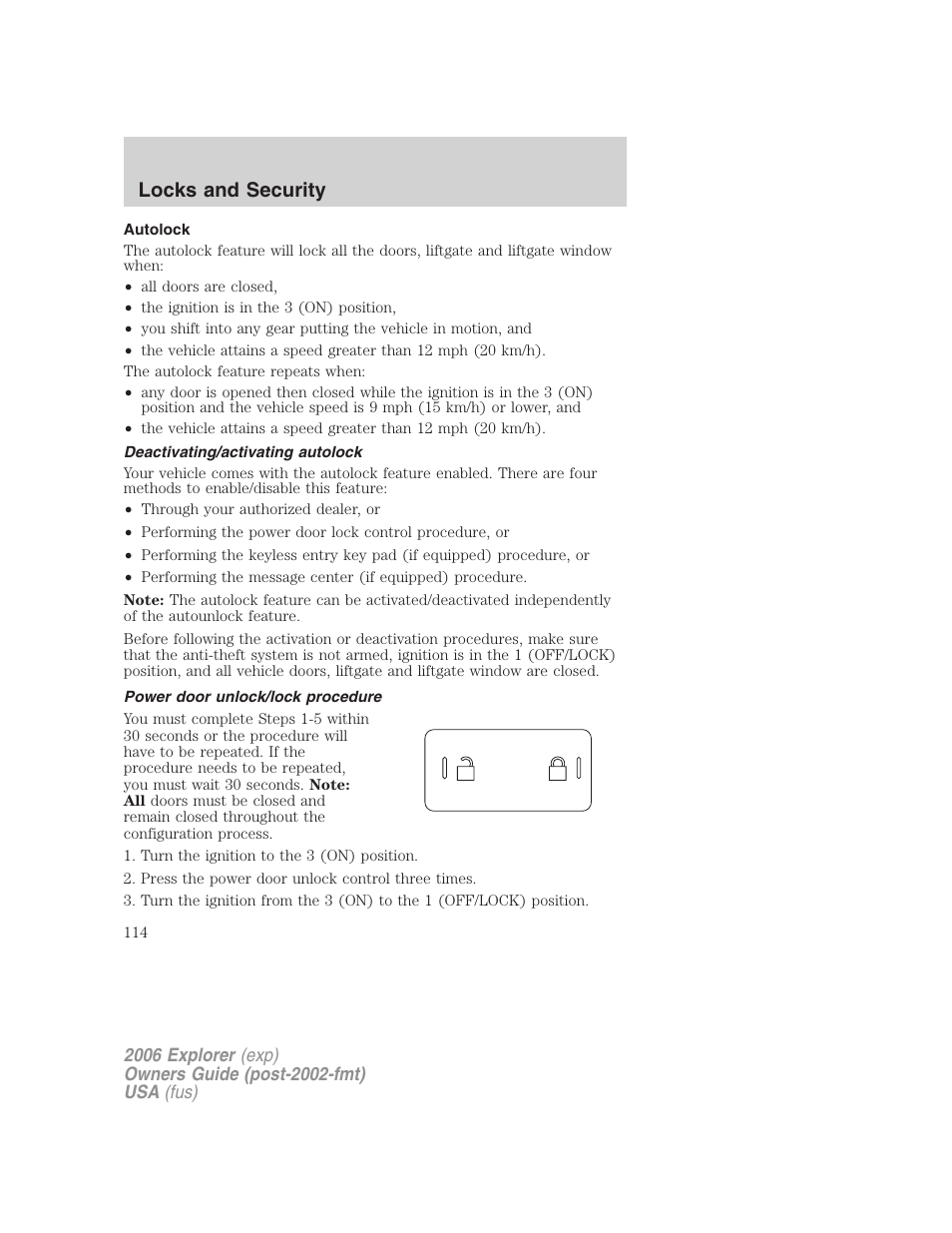 Autolock, Deactivating/activating autolock, Power door unlock/lock procedure | Locks and security | FORD 2006 Explorer v.2 User Manual | Page 114 / 336