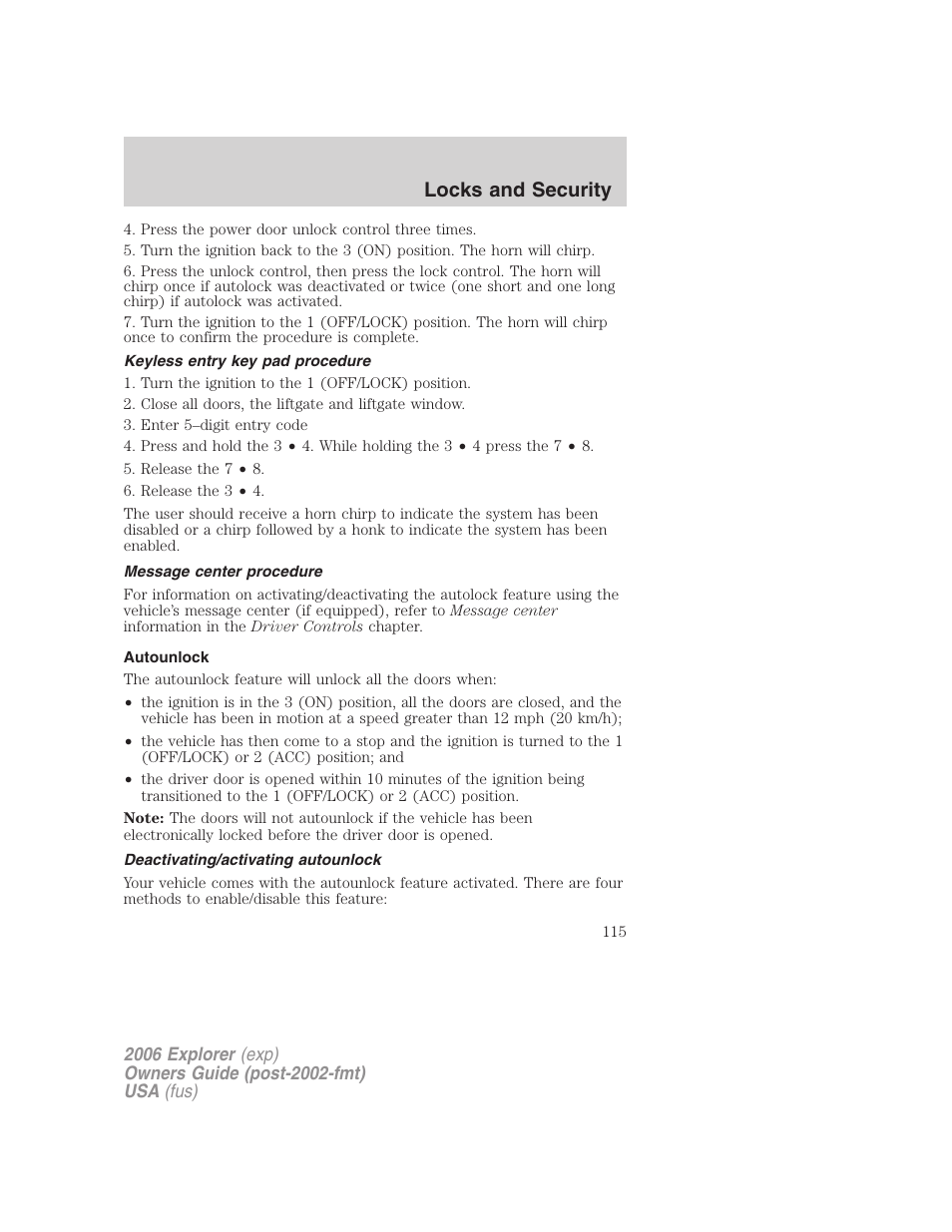 Keyless entry key pad procedure, Message center procedure, Autounlock | Deactivating/activating autounlock, Locks and security | FORD 2006 Explorer v.2 User Manual | Page 115 / 336