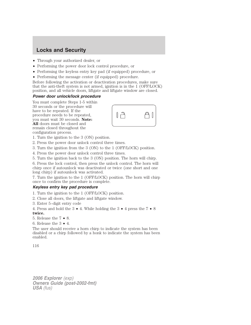 Power door unlock/lock procedure, Keyless entry key pad procedure, Locks and security | FORD 2006 Explorer v.2 User Manual | Page 116 / 336