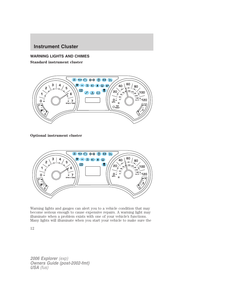 Instrument cluster, Warning lights and chimes, Warning and control lights | FORD 2006 Explorer v.2 User Manual | Page 12 / 336