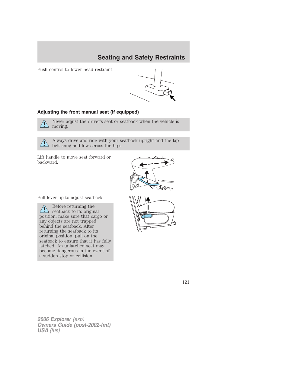 Adjusting the front manual seat (if equipped), Seating and safety restraints | FORD 2006 Explorer v.2 User Manual | Page 121 / 336