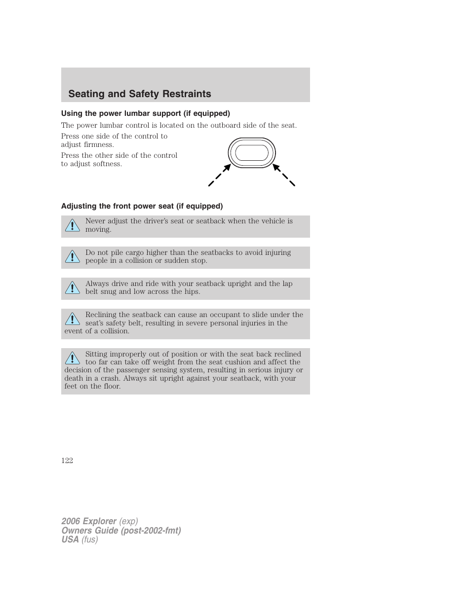 Using the power lumbar support (if equipped), Adjusting the front power seat (if equipped), Seating and safety restraints | FORD 2006 Explorer v.2 User Manual | Page 122 / 336