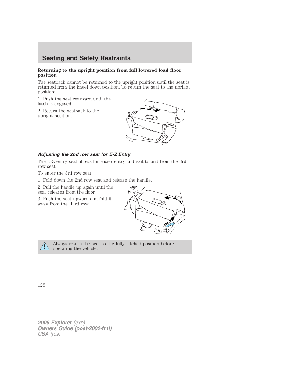 Adjusting the 2nd row seat for e-z entry, Seating and safety restraints | FORD 2006 Explorer v.2 User Manual | Page 128 / 336