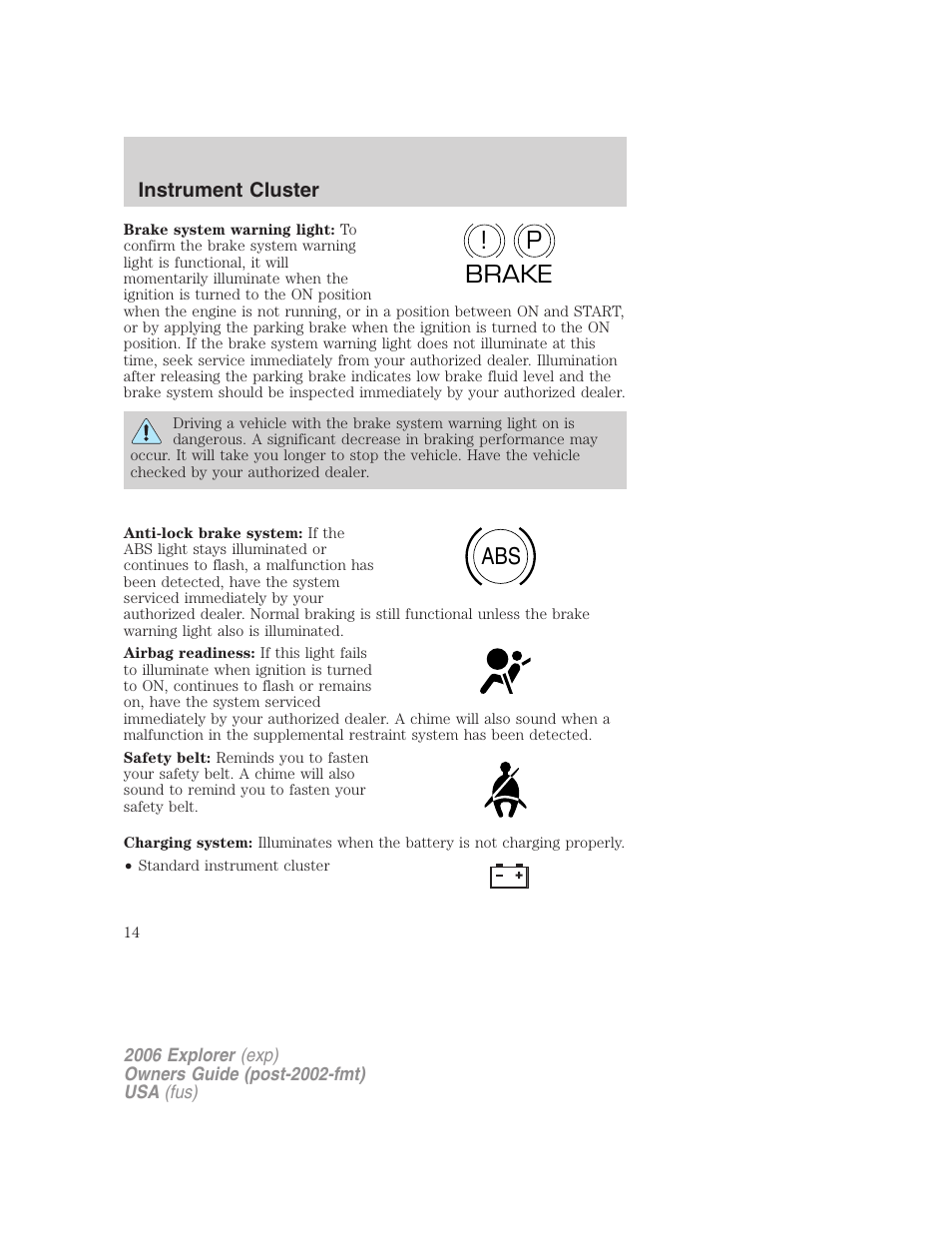 P! brake abs | FORD 2006 Explorer v.2 User Manual | Page 14 / 336