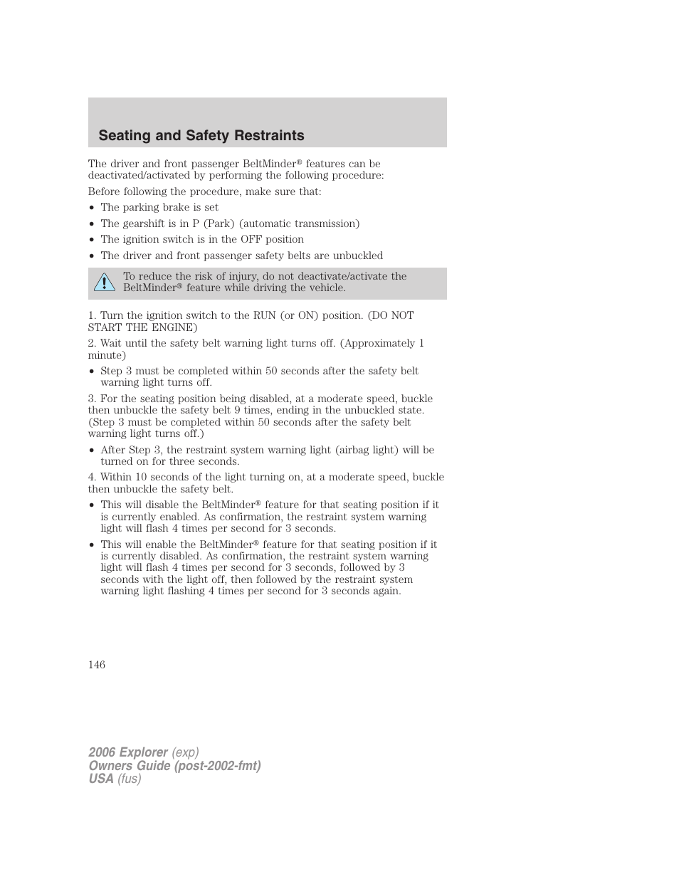 Seating and safety restraints | FORD 2006 Explorer v.2 User Manual | Page 146 / 336