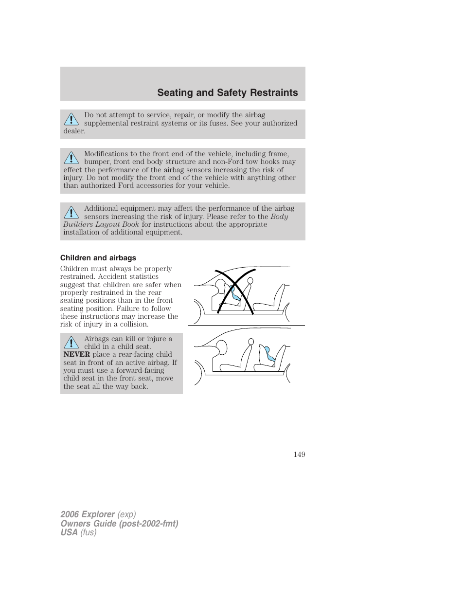 Children and airbags, Seating and safety restraints | FORD 2006 Explorer v.2 User Manual | Page 149 / 336