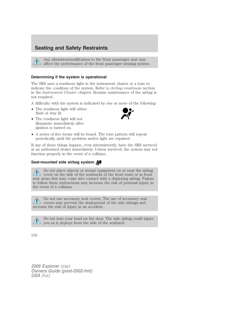 Determining if the system is operational, Seat-mounted side airbag system, Seating and safety restraints | FORD 2006 Explorer v.2 User Manual | Page 156 / 336