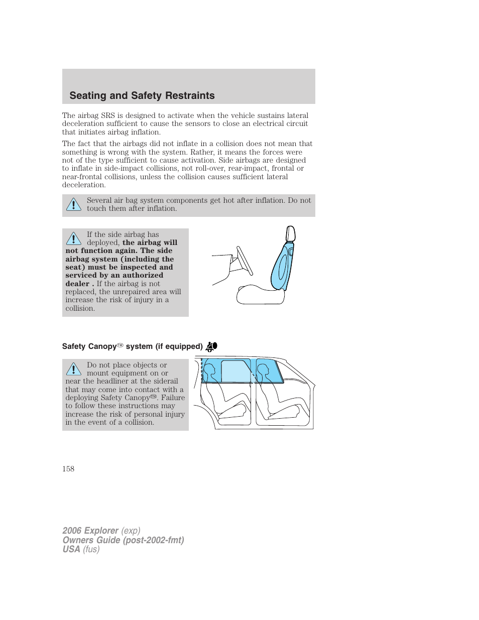 Safety canopy system (if equipped), Seating and safety restraints | FORD 2006 Explorer v.2 User Manual | Page 158 / 336