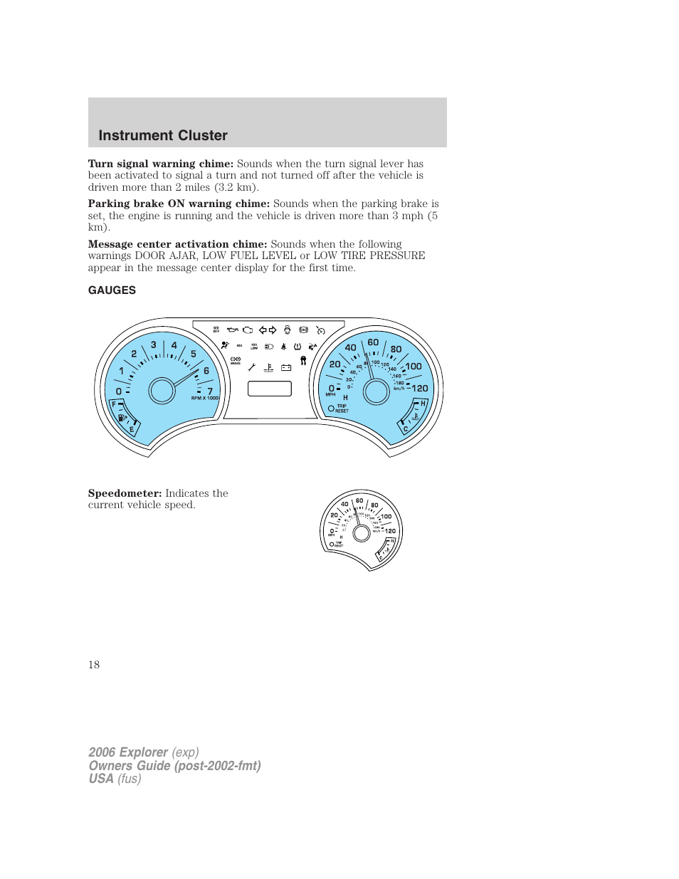 Gauges, Instrument cluster | FORD 2006 Explorer v.2 User Manual | Page 18 / 336