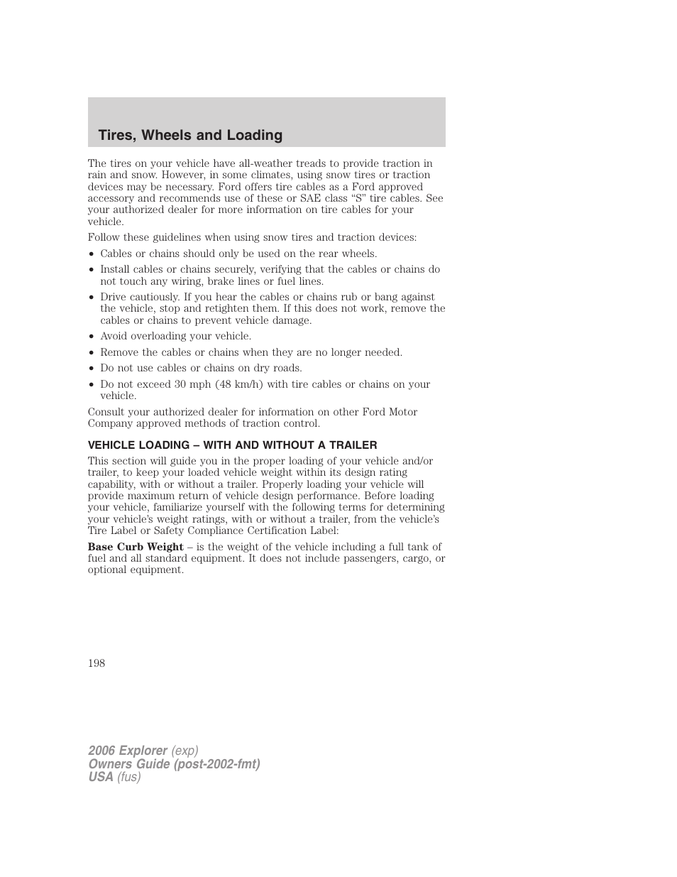 Vehicle loading – with and without a trailer, Vehicle loading, Tires, wheels and loading | FORD 2006 Explorer v.2 User Manual | Page 198 / 336