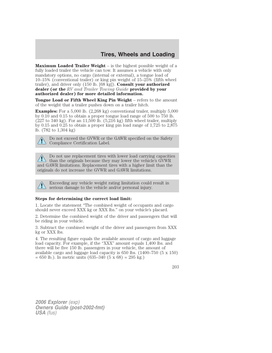 Tires, wheels and loading | FORD 2006 Explorer v.2 User Manual | Page 203 / 336